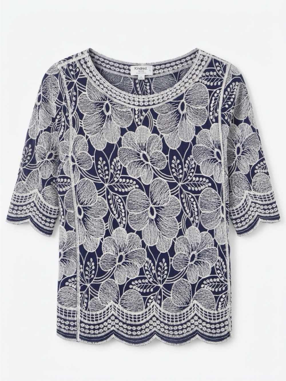 Navy and White Floral Embroidered Knit Top